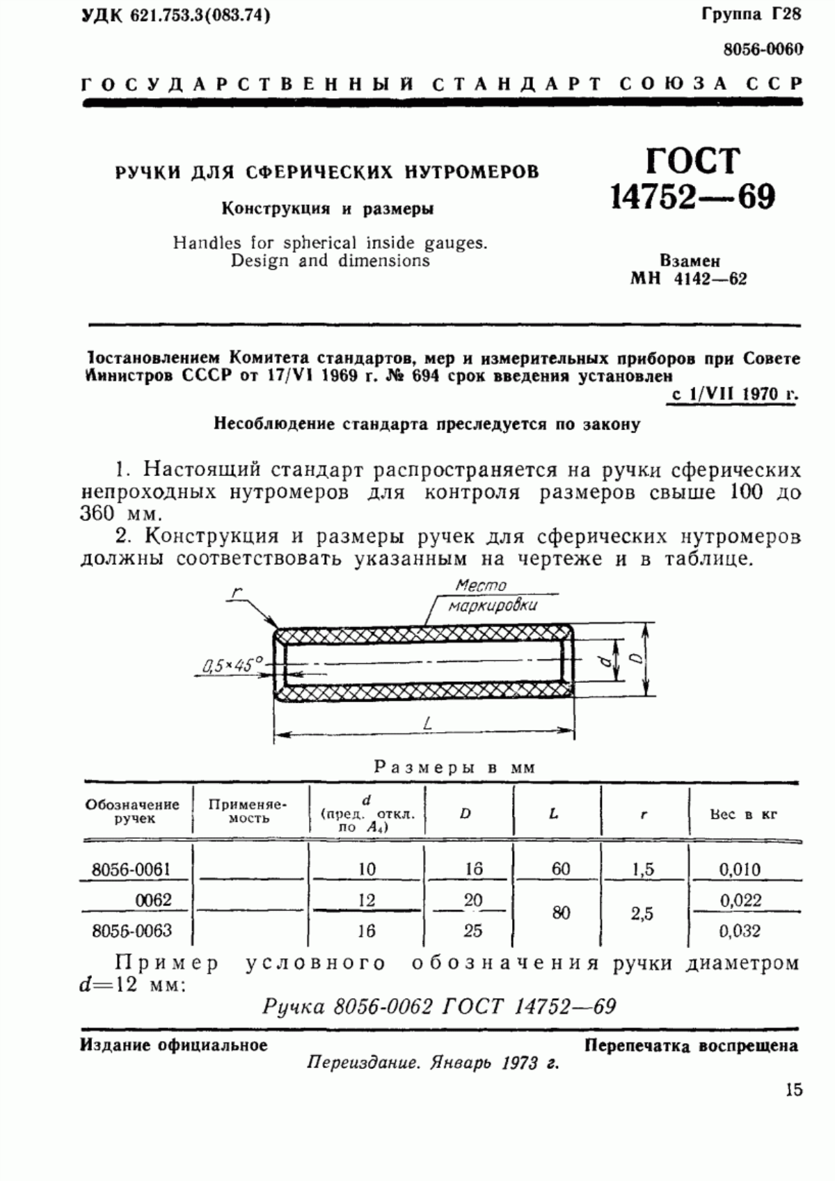 ГОСТ 14752-69 Ручки для сферических нутромеров. Конструкция и размеры