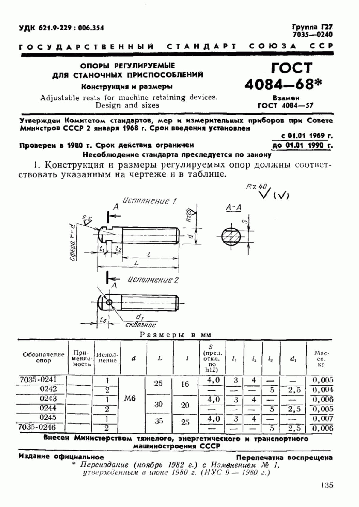 ГОСТ 4084-68 Опоры регулируемые для станочных приспособлений. Конструкция