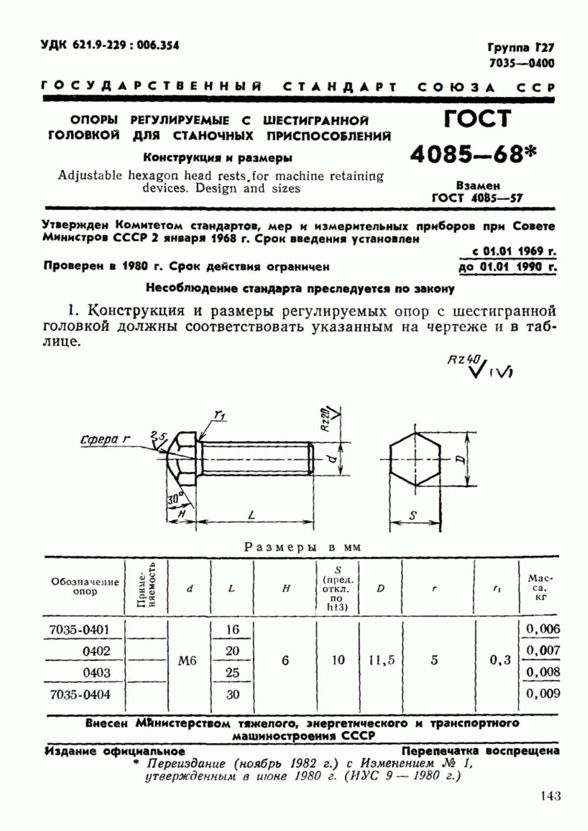 ГОСТ 4085-68 Опоры регулируемые с шестигранной головкой для станочных приспособлений. Конструкция